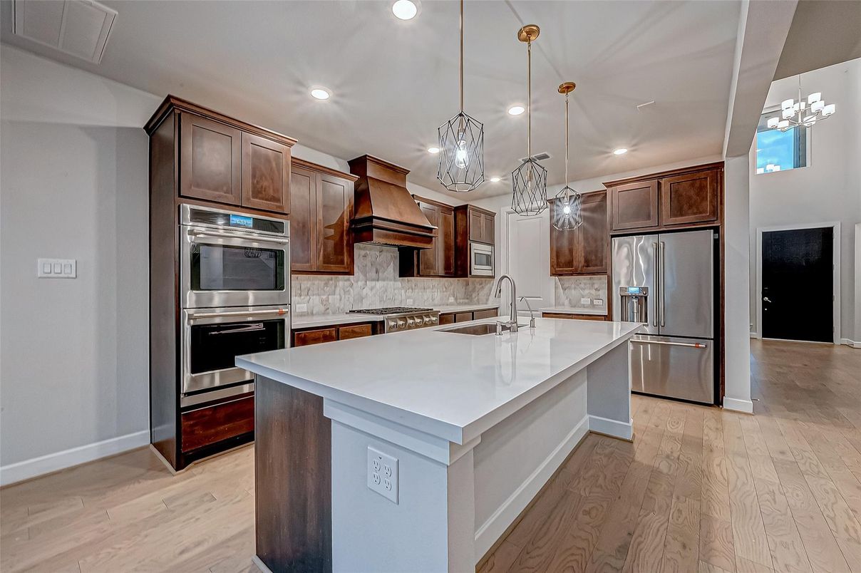 Interior, Kitchen, Pendant Lights, Recessed Lighting, Stainless Steel Appliances, Wood Texture Flooring
