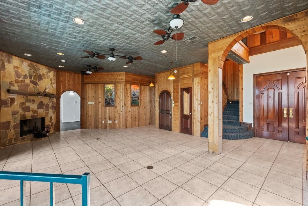 Fireplace, Interior, Recessed Lighting, Stone Walls, Wooden Walls