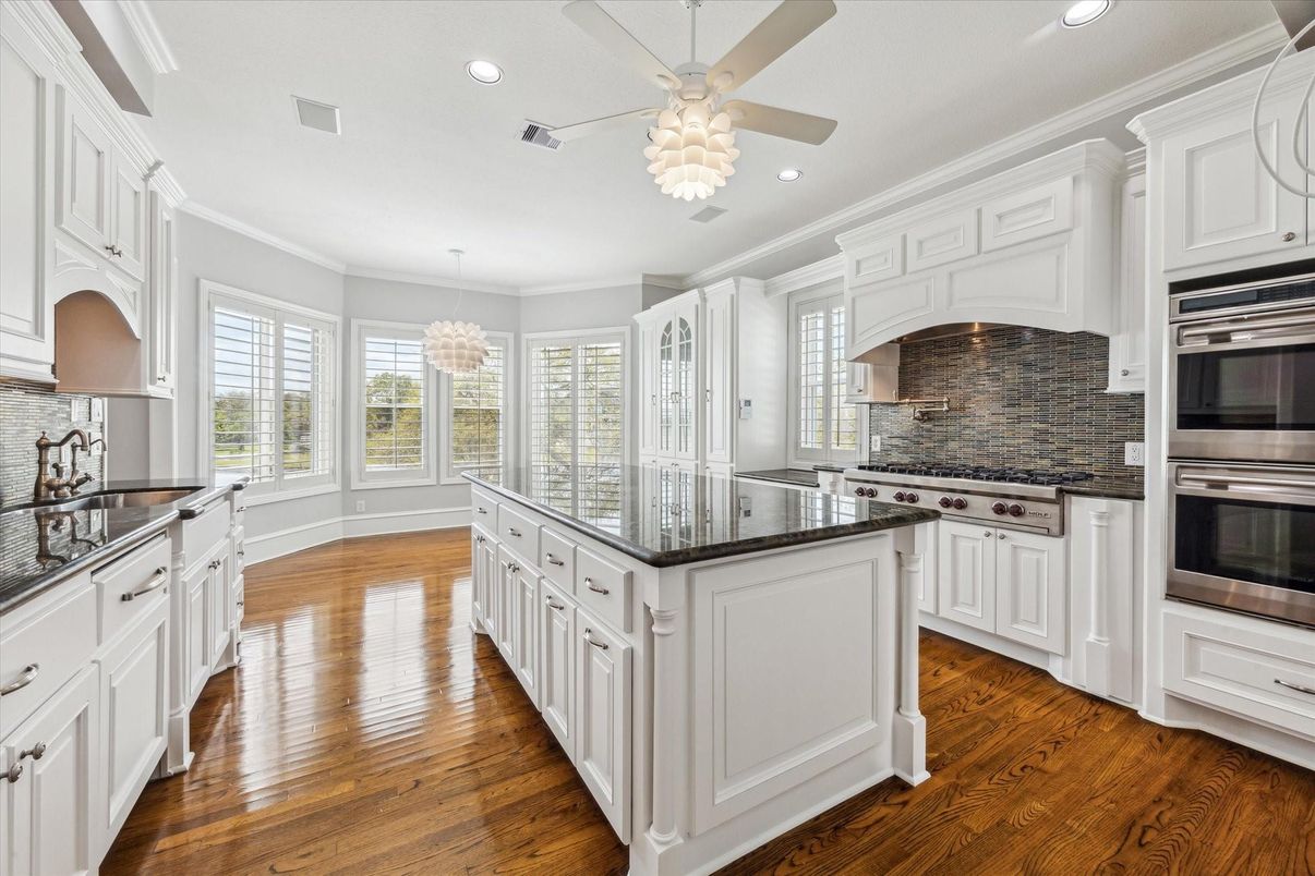Chandelier, Interior, Kitchen, Recessed Lighting, Stainless Steel Appliances, Wood Texture Flooring
