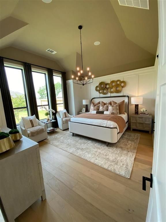 Bedroom, Chandelier, Interior, Pendant Lights, Wood Texture Flooring