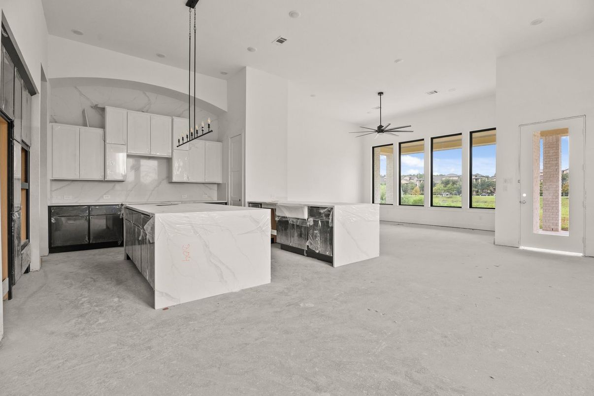 Interior, Kitchen, Marble Walls, Pendant Lights, Recessed Lighting
