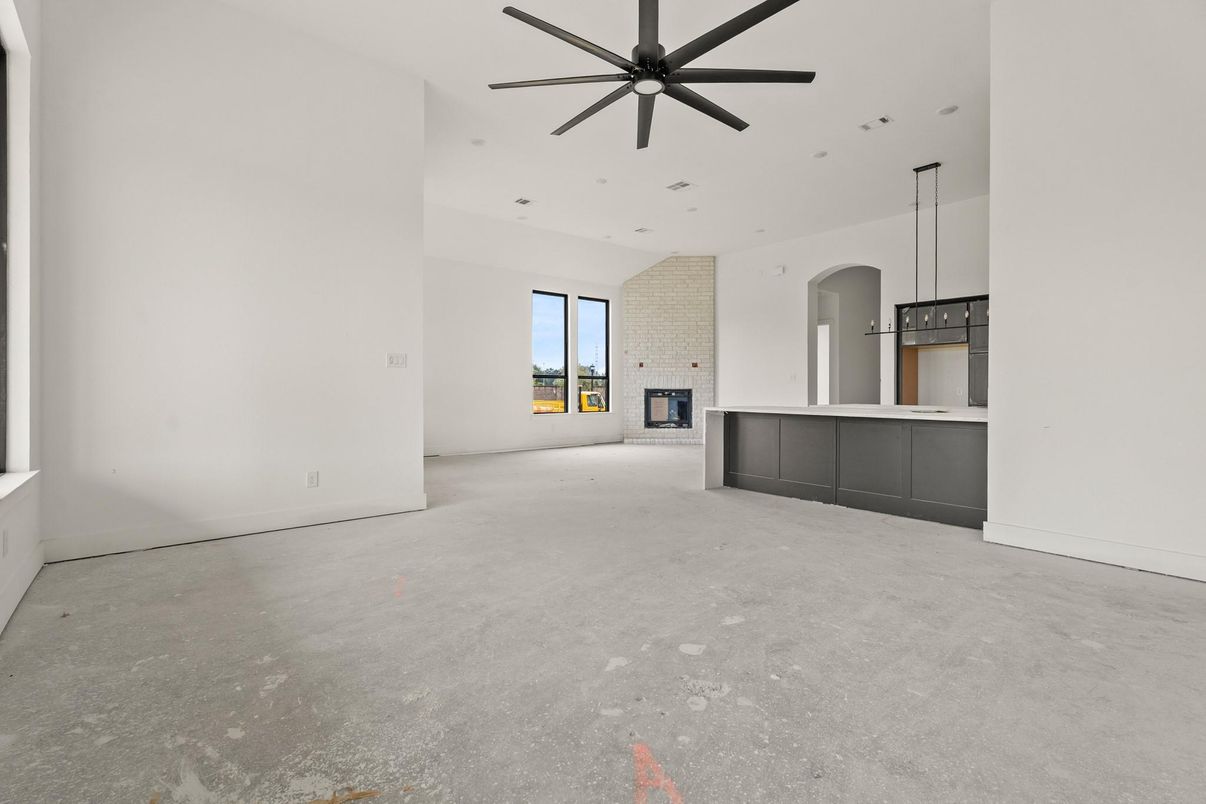 Empty room, Fireplace, Interior, Kitchen, Pendant Lights, Recessed Lighting, Stone Walls