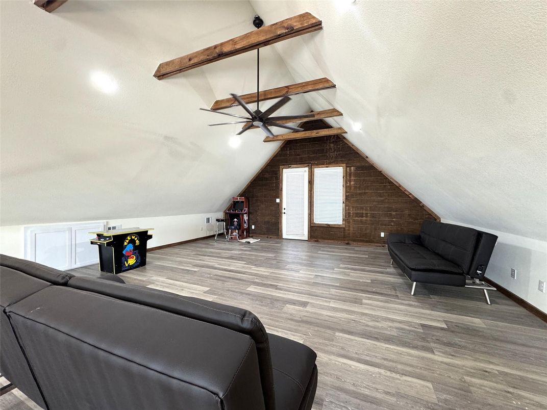 Interior, Recessed Lighting, Stone Walls, Wooden Beams, Wood Texture Flooring