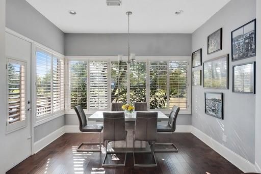 Dining room, Interior, Pendant Lights, Recessed Lighting, Wood Texture Flooring
