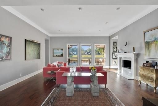 Fireplace, Interior, Living room, Recessed Lighting, Water, Wood Texture Flooring