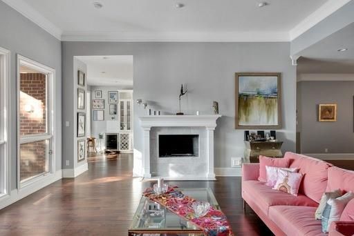 Fireplace, Interior, Living room, Recessed Lighting, Wood Texture Flooring