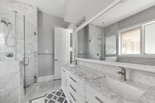 Bathroom, Dual Sink Vanities, Glass Shower, Interior, Marble, Marble Walls