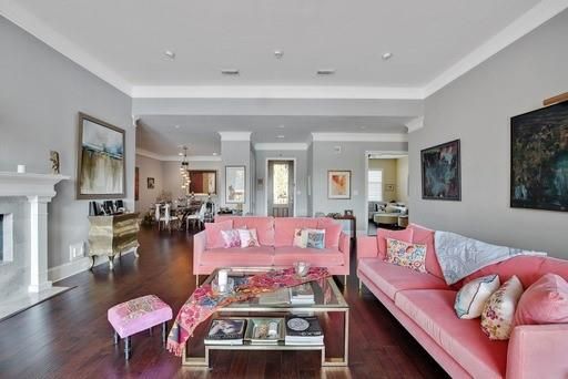 Dining room, Fireplace, Interior, Living room, Pendant Lights, Recessed Lighting, Wood Texture Flooring