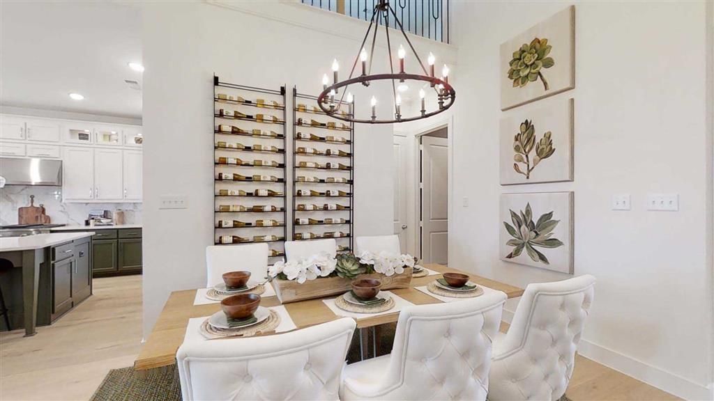 Dining room, Interior, Kitchen, Pendant Lights, Recessed Lighting, Wood Texture Flooring