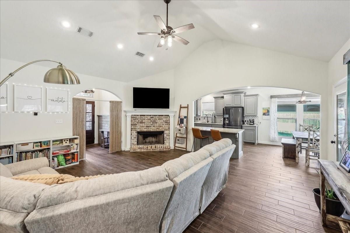 Dining room, Fireplace, Interior, Kitchen, Living room, Recessed Lighting, Wood Texture Flooring