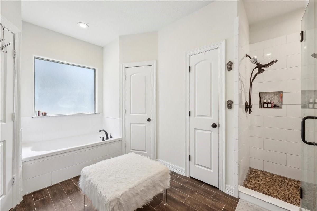 Bathroom, Glass Shower, Interior, Recessed Lighting, Wood Texture Flooring