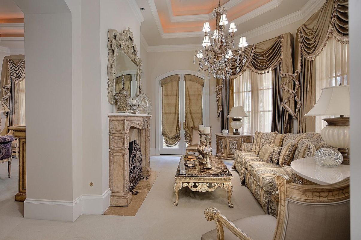 Chandelier, Fireplace, Interior, Living room