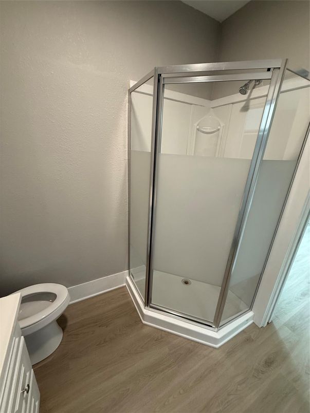 Bathroom, Glass Shower, Interior, Wood Texture Flooring