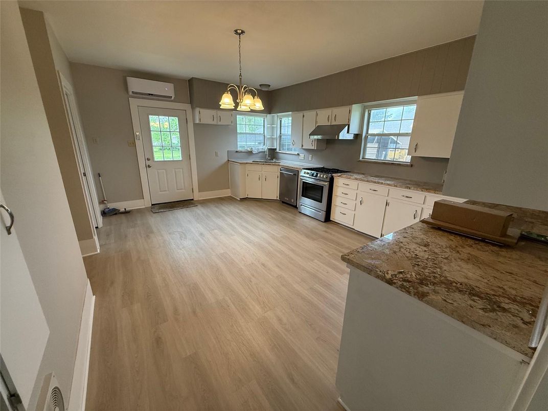 Interior, Kitchen, Pendant Lights, Stainless Steel Appliances, Wood Texture Flooring