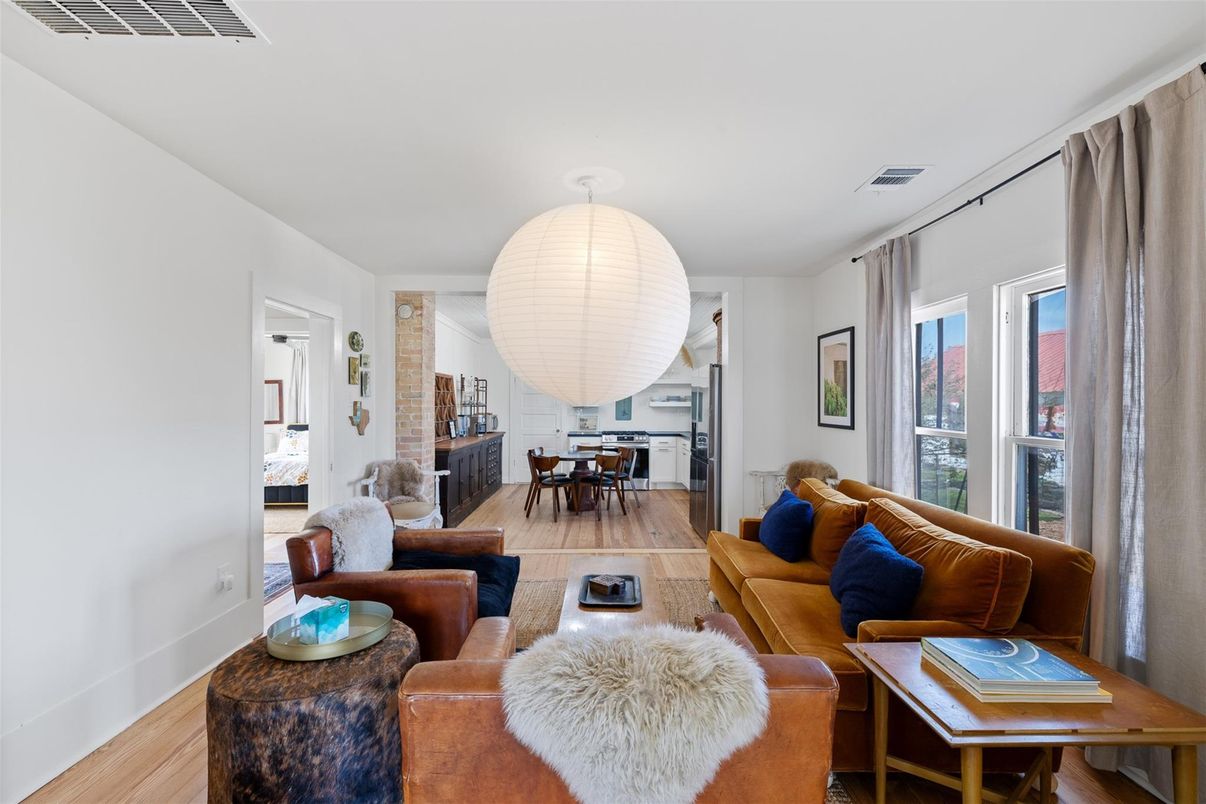 Dining room, Interior, Living room, Pendant Lights, Wood Texture Flooring