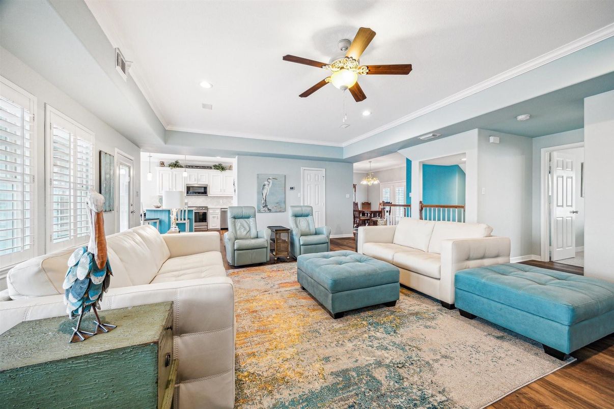 Dining room, Interior, Kitchen, Living room, Recessed Lighting, Stainless Steel Appliances, Wood Texture Flooring