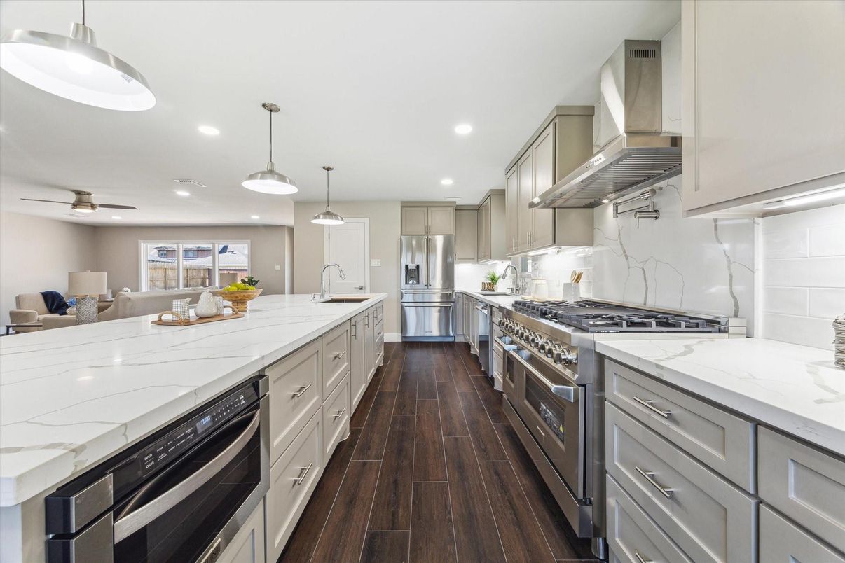 Interior, Kitchen, Pendant Lights, Recessed Lighting, Stainless Steel Appliances, Wood Texture Flooring