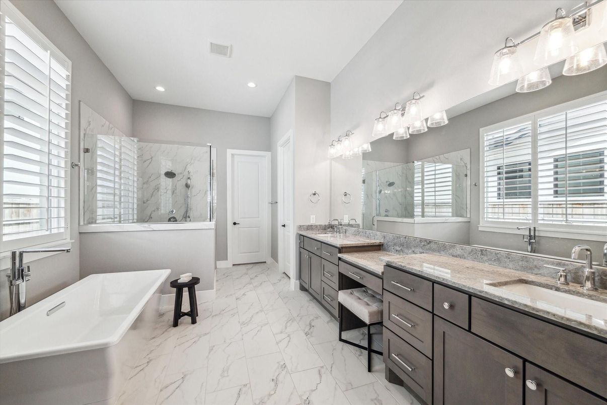 Bathroom, Dual Sink Vanities, Free Standing Baths, Glass Shower, Interior, Marble, Marble Walls, Recessed Lighting
