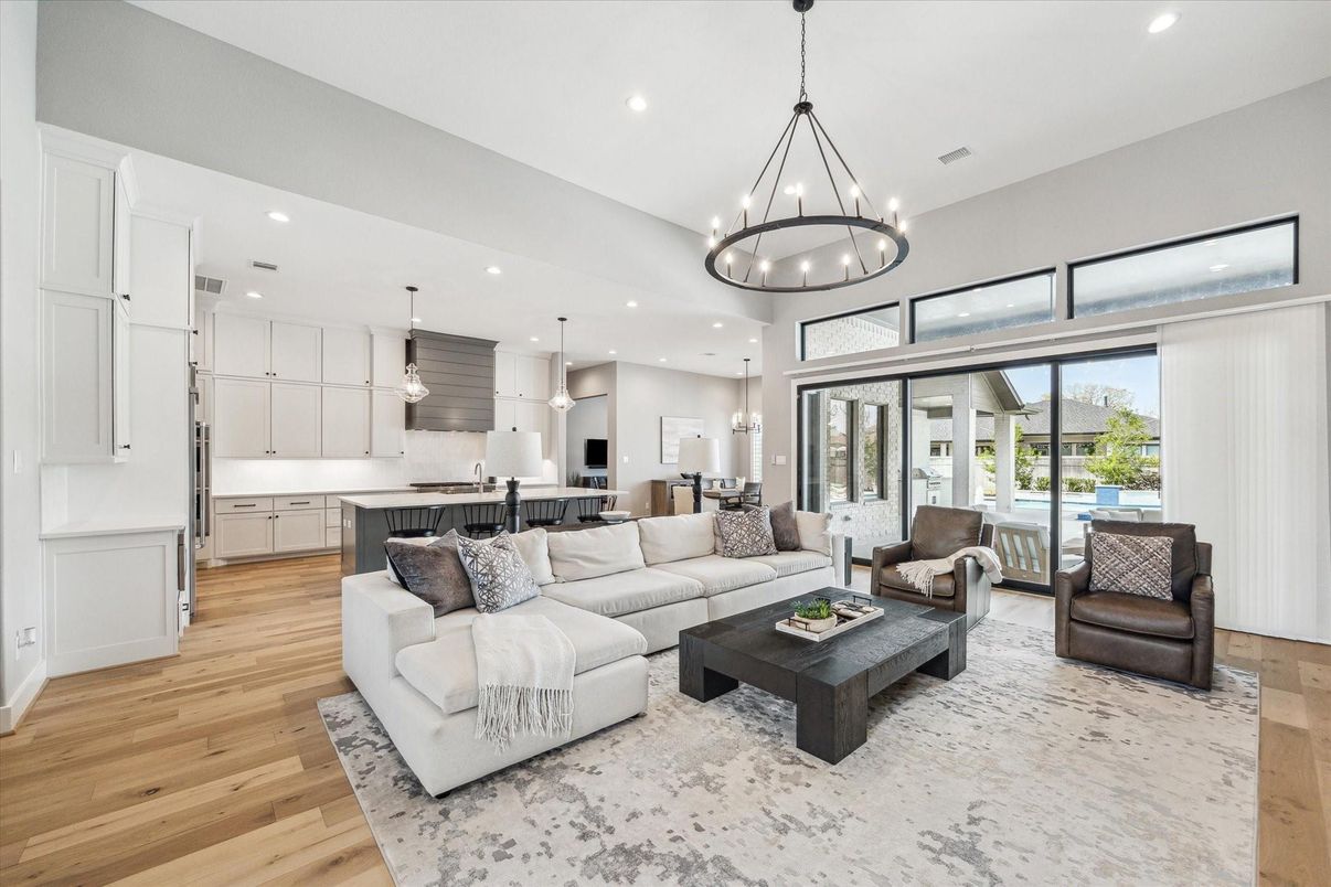 Interior, Kitchen, Living room, Pendant Lights, Recessed Lighting, Wood Texture Flooring