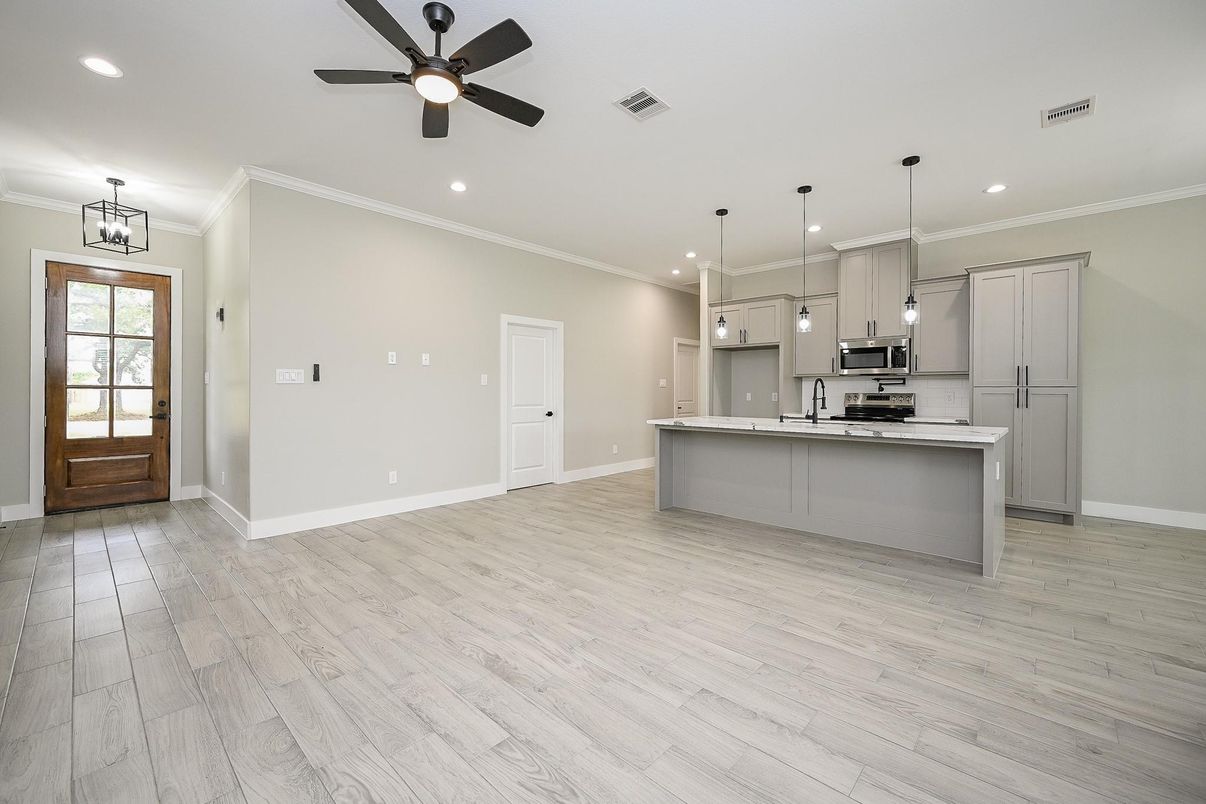 Interior, Kitchen, Pendant Lights, Recessed Lighting, Stainless Steel Appliances, Wood Texture Flooring