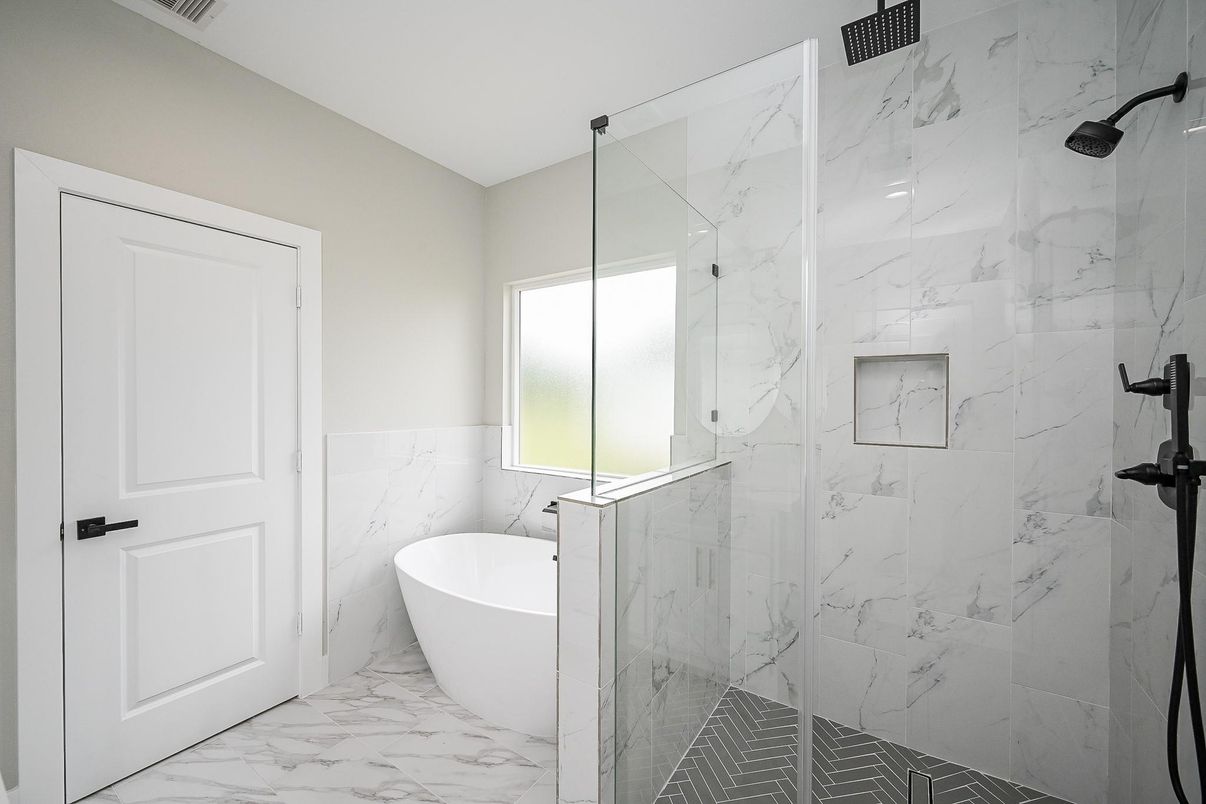 Bathroom, Free Standing Baths, Glass Shower, Interior, Marble, Marble Walls