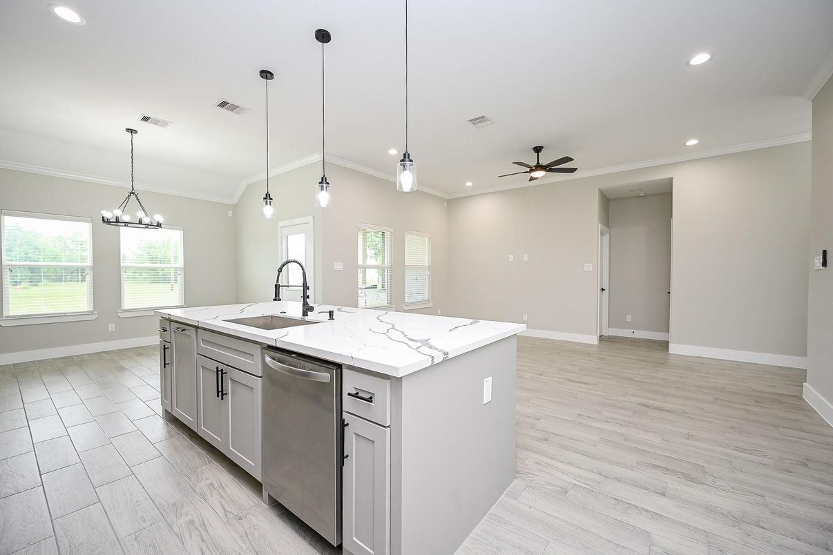 Interior, Kitchen, Pendant Lights, Recessed Lighting, Wood Texture Flooring