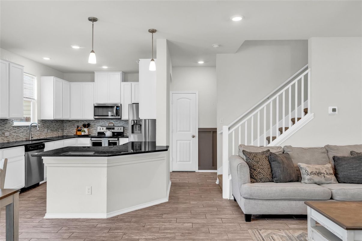 Interior, Kitchen, Pendant Lights, Recessed Lighting, Stainless Steel Appliances, Wood Texture Flooring