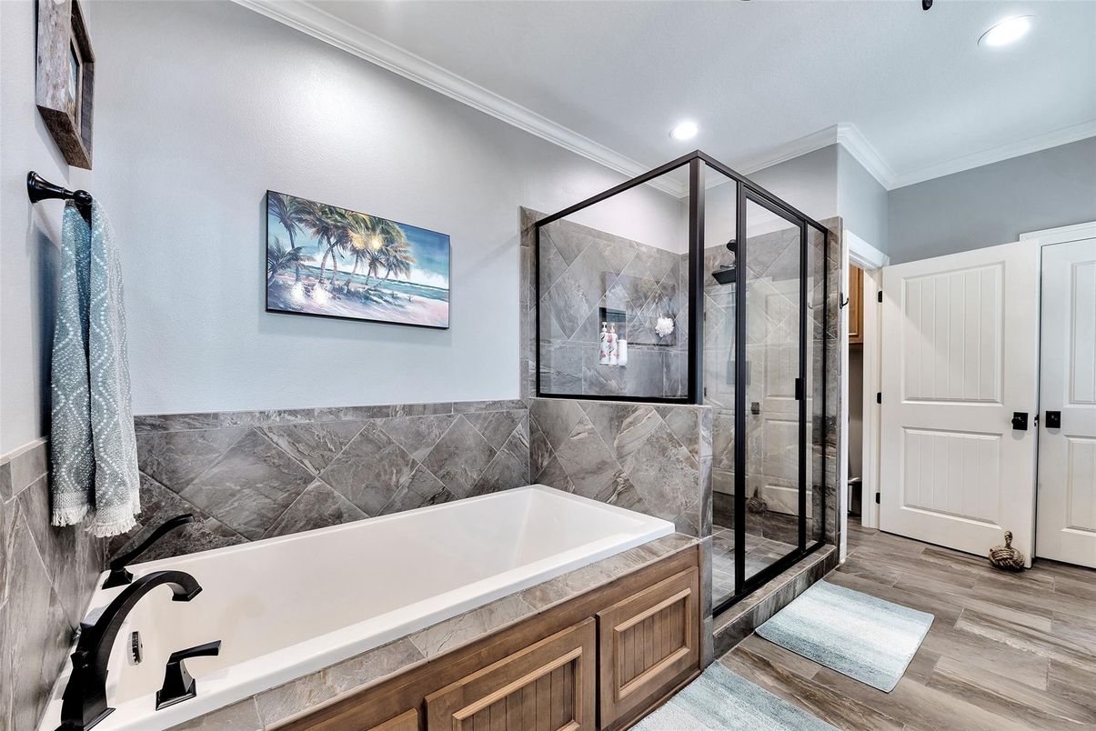 Bathroom, Glass Shower, Interior, Recessed Lighting, Wood Texture Flooring