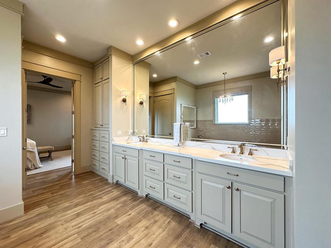 Bathroom, Bedroom, Dual Sink Vanities, Interior, Recessed Lighting, Wood Texture Flooring
