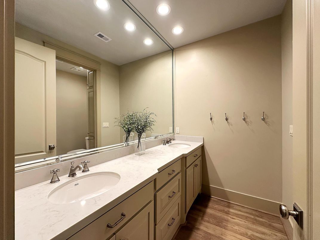 Bathroom, Dual Sink Vanities, Interior, Recessed Lighting, Wood Texture Flooring