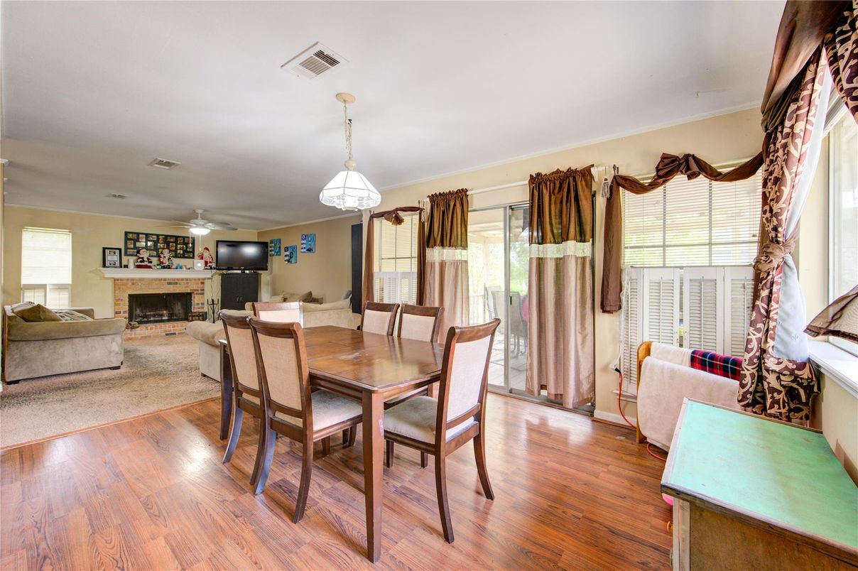 Dining room, Fireplace, Interior, Living room, Pendant Lights, Wood Texture Flooring