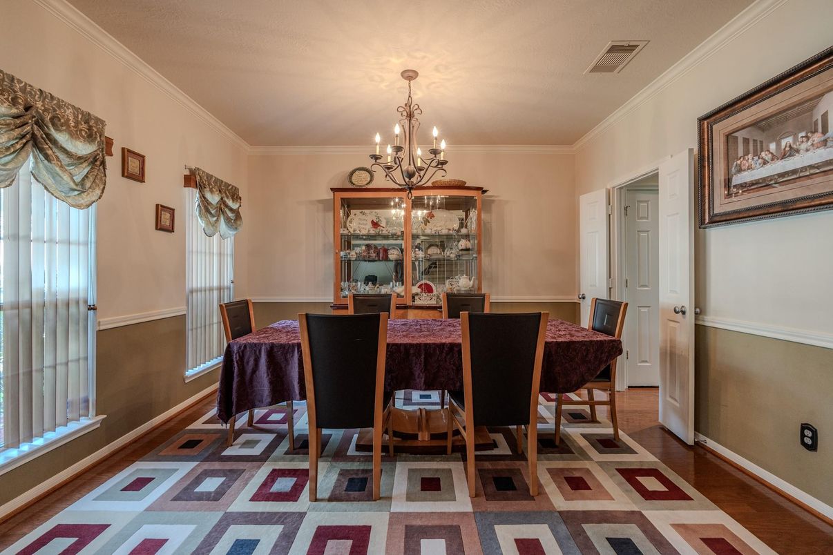 Chandelier, Dining room, Interior, Wood Texture Flooring