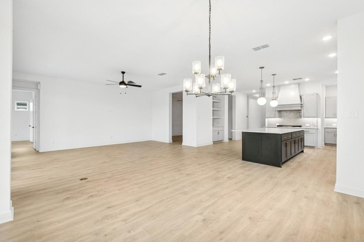 Chandelier, Empty room, Interior, Kitchen, Pendant Lights, Recessed Lighting, Wood Texture Flooring