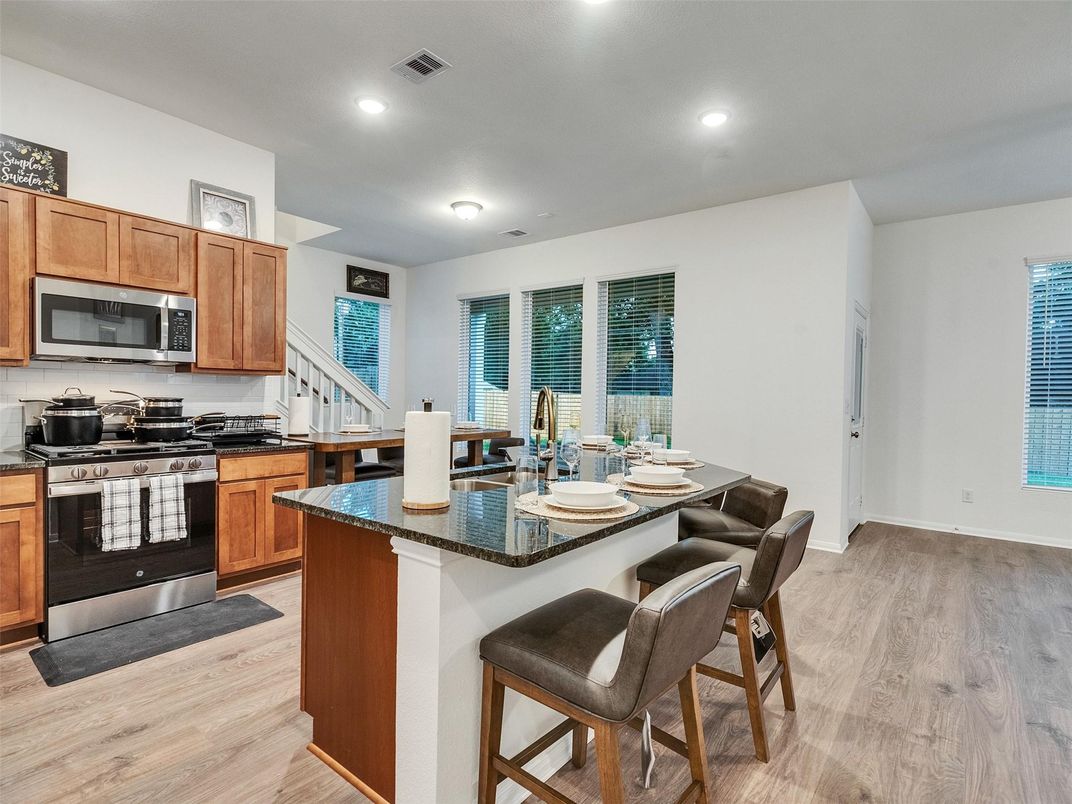 Dining room, Interior, Kitchen, Recessed Lighting, Wood Texture Flooring