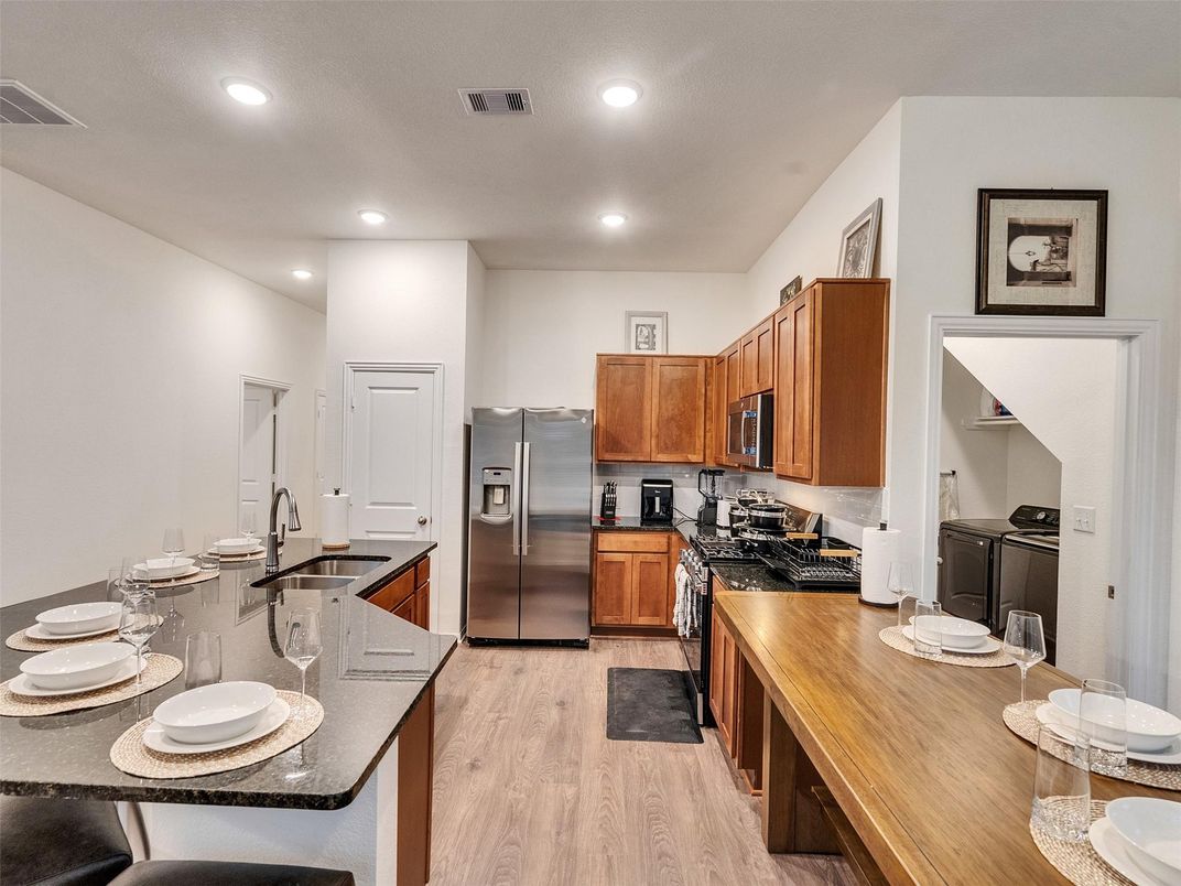 Interior, Kitchen, Recessed Lighting, Stainless Steel Appliances, Wood Texture Flooring