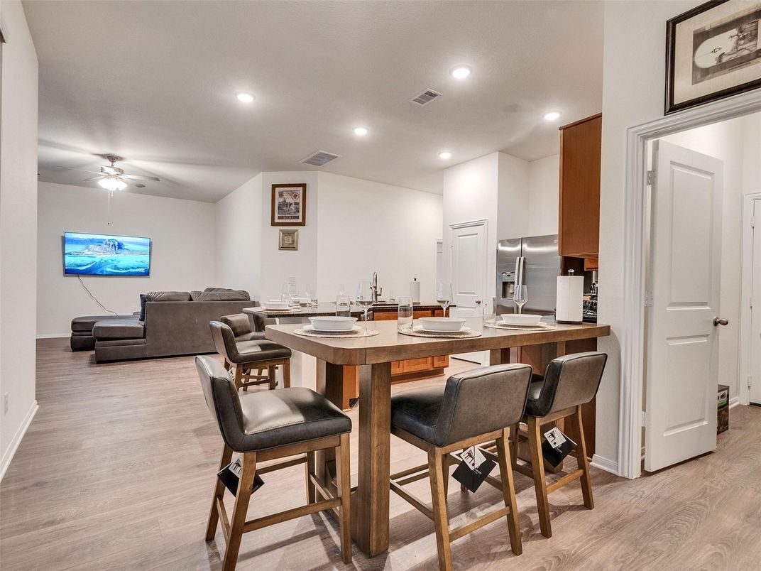 Dining room, Interior, Kitchen, Living room, Recessed Lighting, Wood Texture Flooring