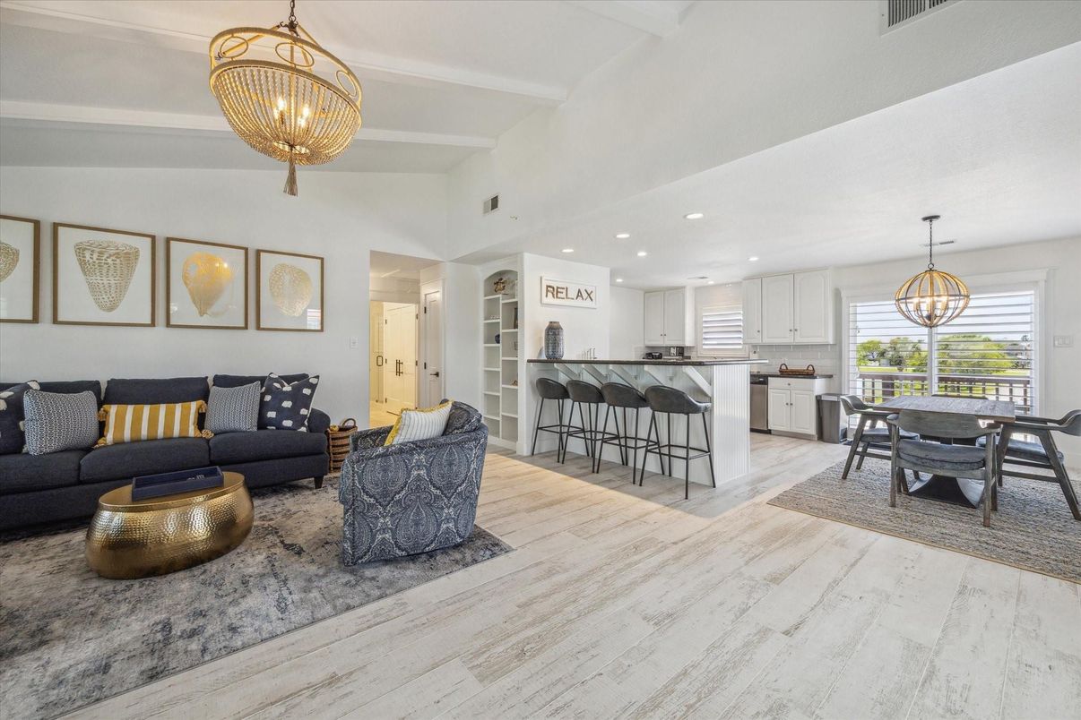 Chandelier, Dining room, Interior, Kitchen, Living room, Pendant Lights, Recessed Lighting, Wood Texture Flooring