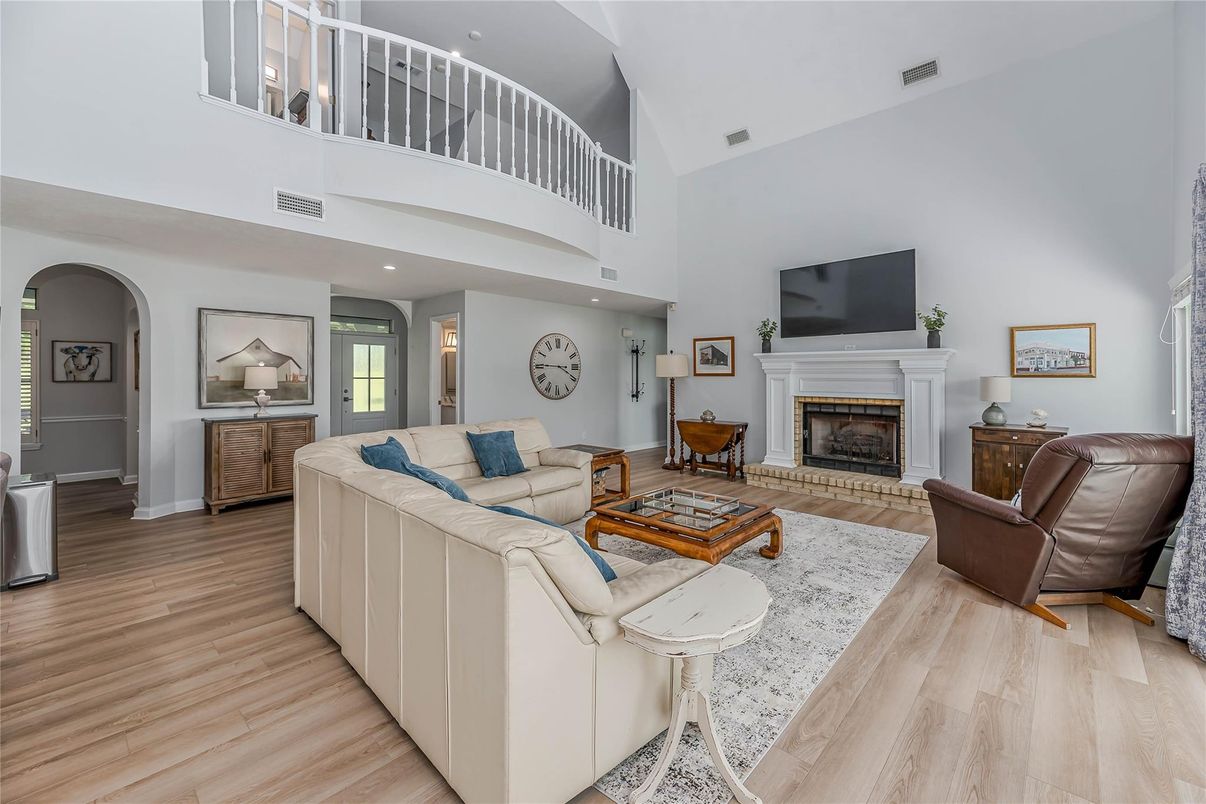Fireplace, Interior, Living room, Recessed Lighting, Wood Texture Flooring