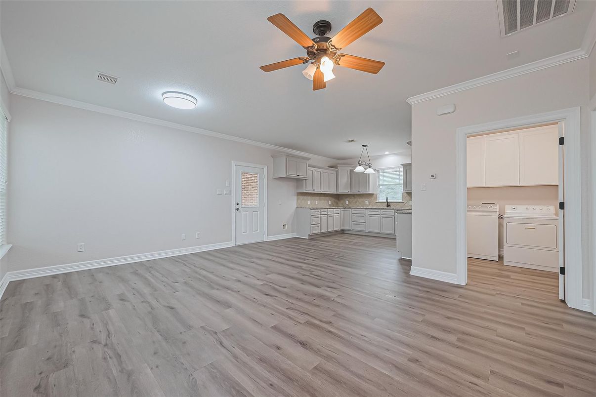 Empty room, Interior, Kitchen, Pendant Lights, Washer, Wood Texture Flooring