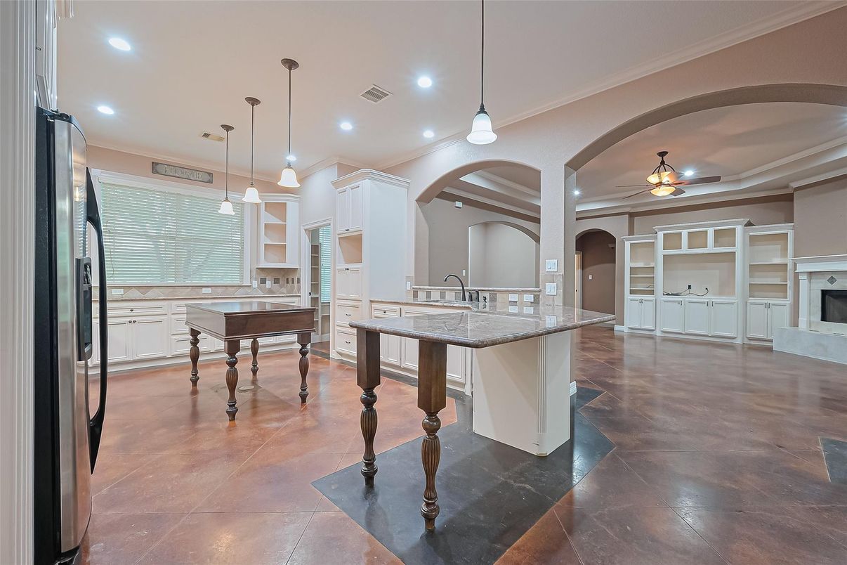 Billiard Table, Fireplace, Game Room, Interior, Kitchen, Pendant Lights, Recessed Lighting
