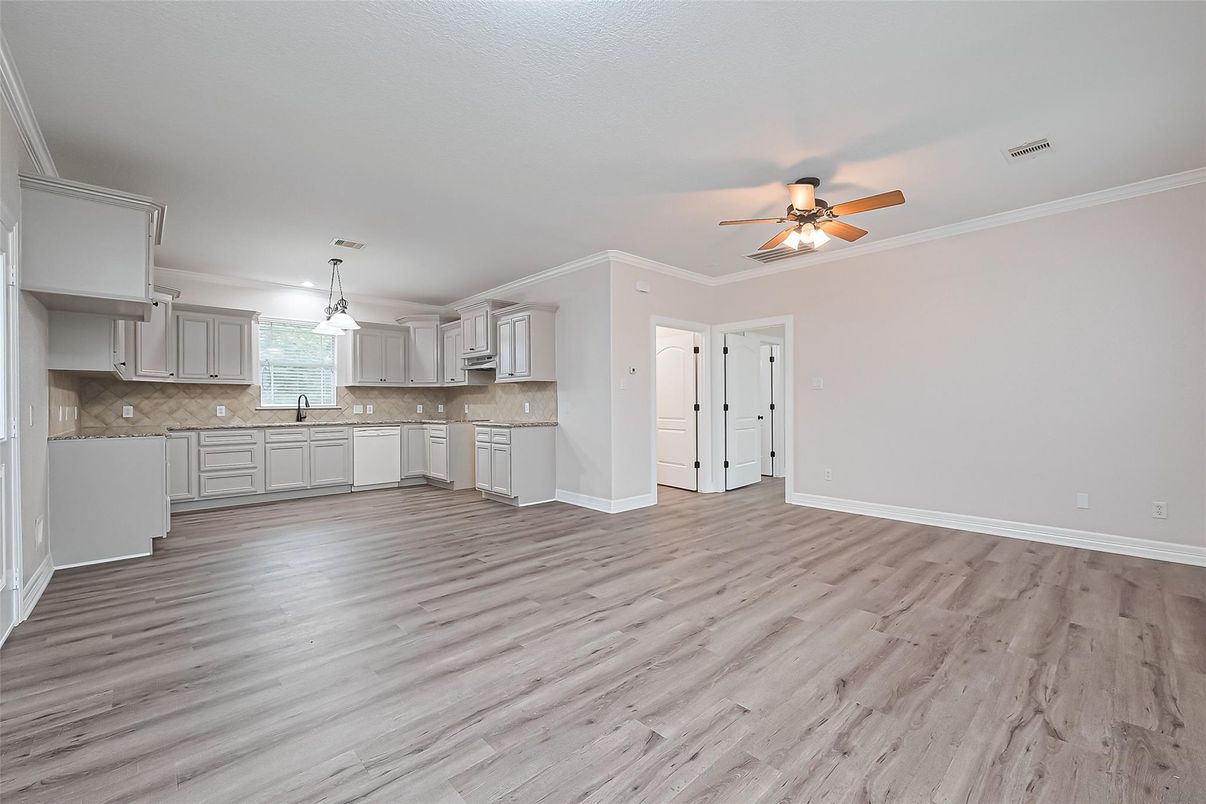 Empty room, Interior, Kitchen, Pendant Lights, Wood Texture Flooring