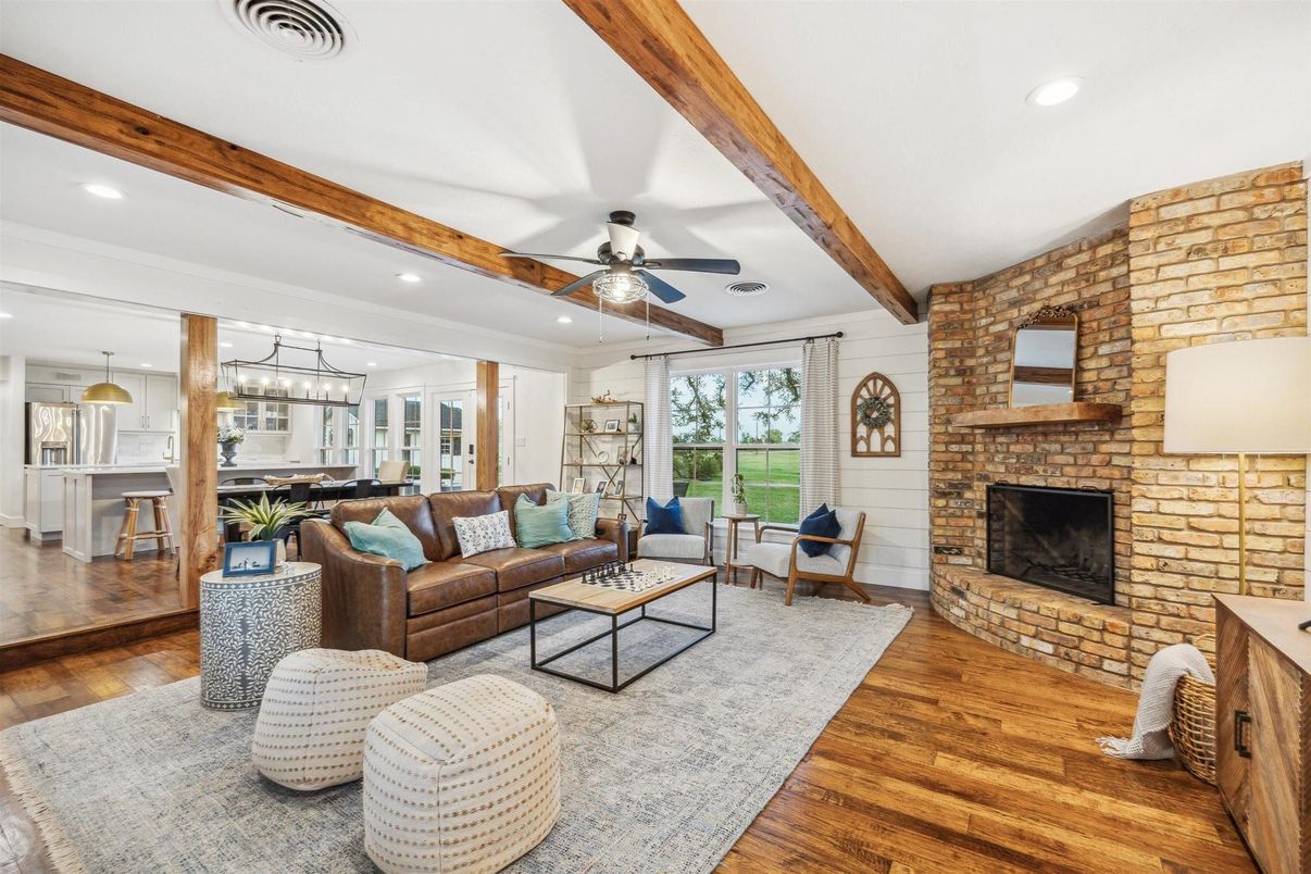 Fireplace, Interior, Kitchen, Living room, Pendant Lights, Recessed Lighting, Stone Walls, Wooden Beams, Wood Texture Flooring