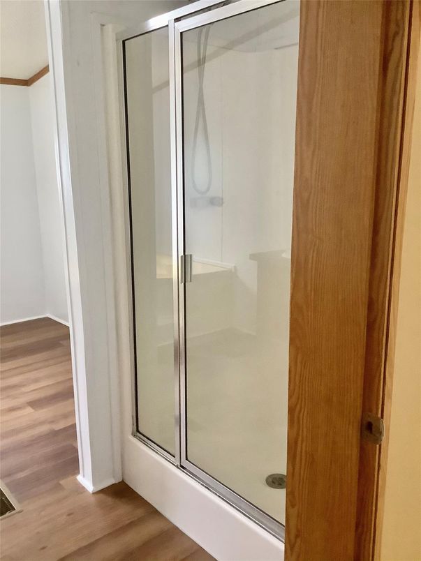 Bathroom, Glass Shower, Interior, Wood Texture Flooring