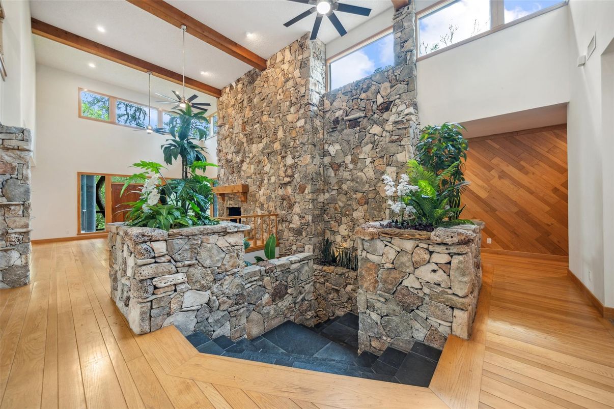 Fireplace, Interior, Recessed Lighting, Stone Walls, Wooden Beams, Wood Texture Flooring