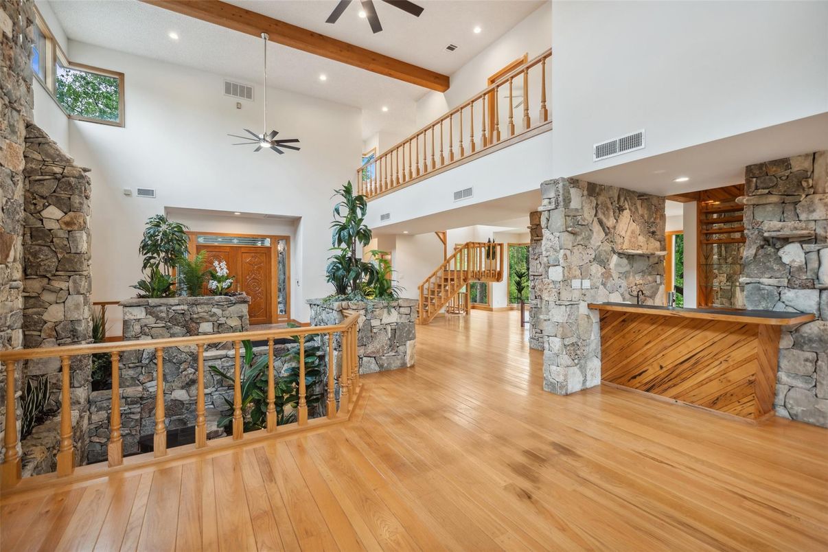 Interior, Recessed Lighting, Stone Walls, Wooden Beams, Wood Texture Flooring