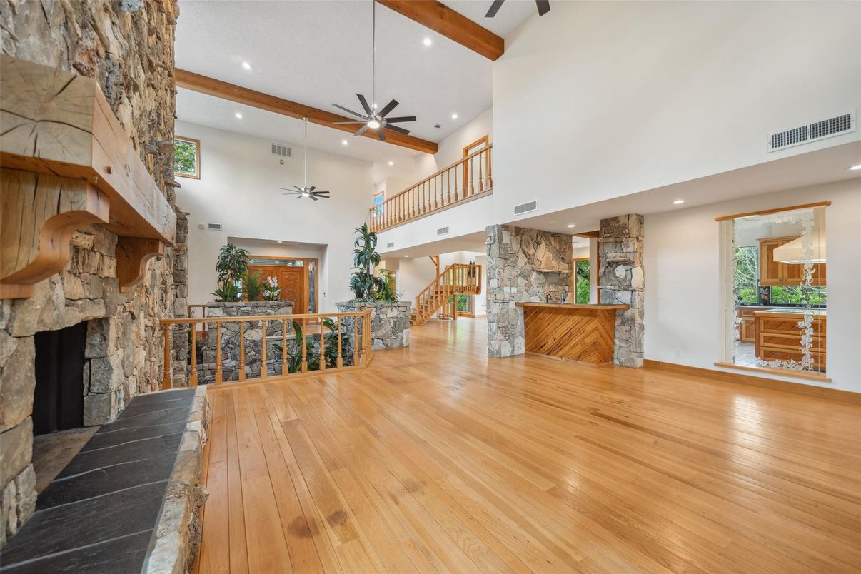 Fireplace, Interior, Recessed Lighting, Stone Walls, Wooden Beams, Wood Texture Flooring