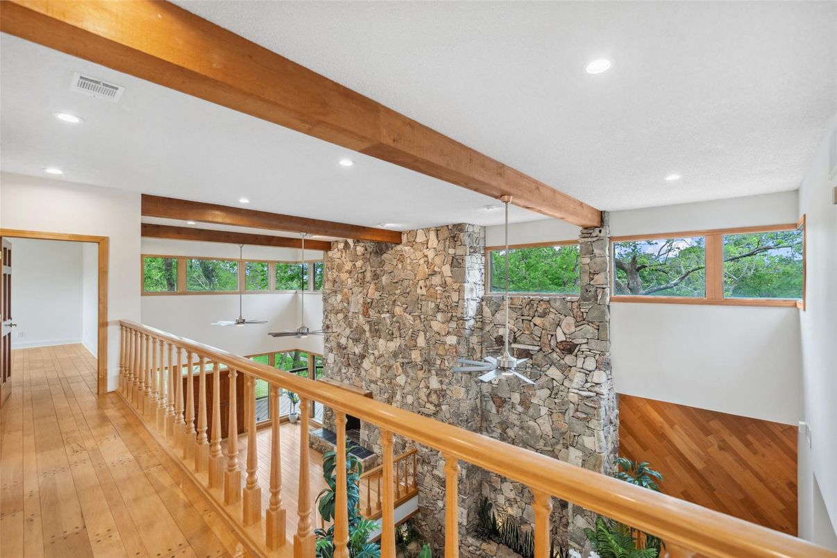 Interior, Recessed Lighting, Stone Walls, Wooden Beams, Wood Texture Flooring