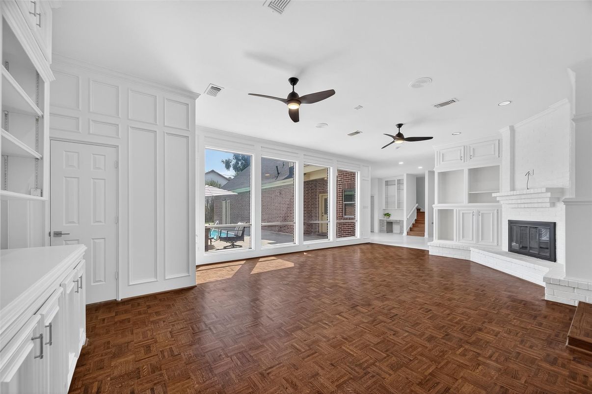 Empty room, Fireplace, Interior, Recessed Lighting, Wood Texture Flooring