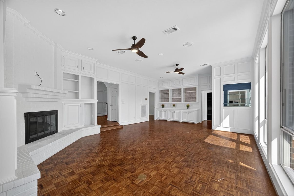 Empty room, Fireplace, Interior, Recessed Lighting, Wood Texture Flooring