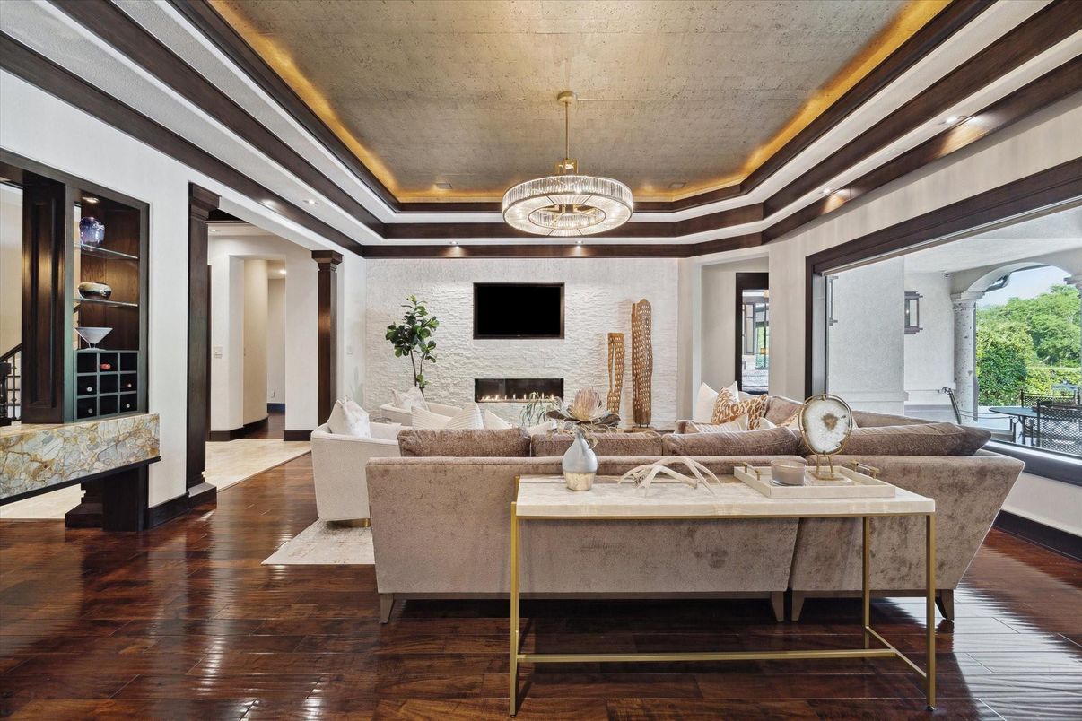 Fireplace, Interior, Living room, Pendant Lights, Wood Texture Flooring